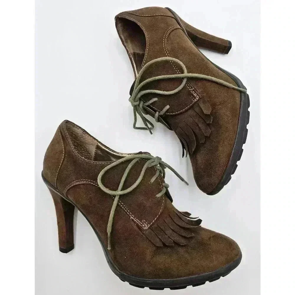 Y2K Tahari Women's Size 6 Temple Brown Oxford Lace-up Fringe Heel Booties